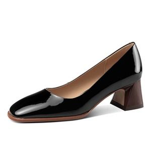 TinaCus Square Toe Glossy Patent Leather Handmade Mid Block Heels Shoes